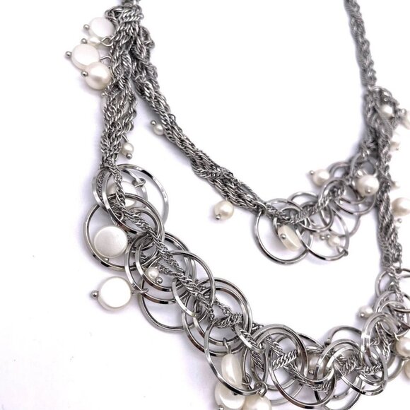 Talbots Beaded Pearl Discs Rings Layered Chain Necklace Silver Tone 19 to 21 in - Picture 4 of 6